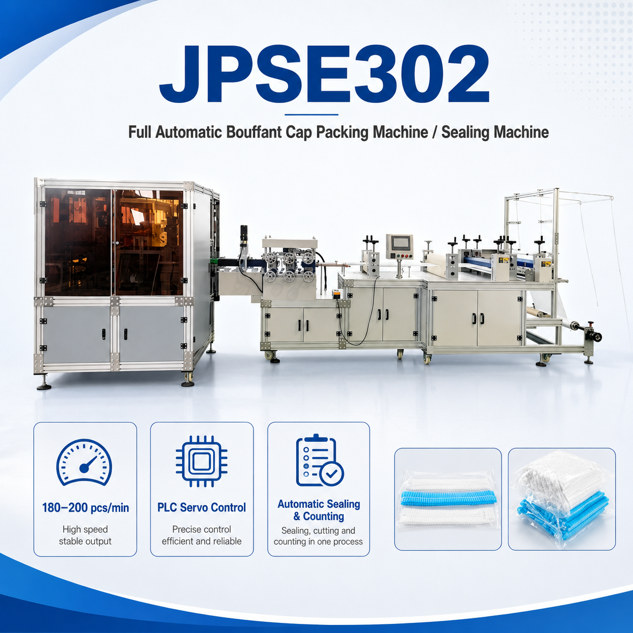 JPSE302_Full-Automatic-Bouffant-Cap-Packing-Sealing-Machine