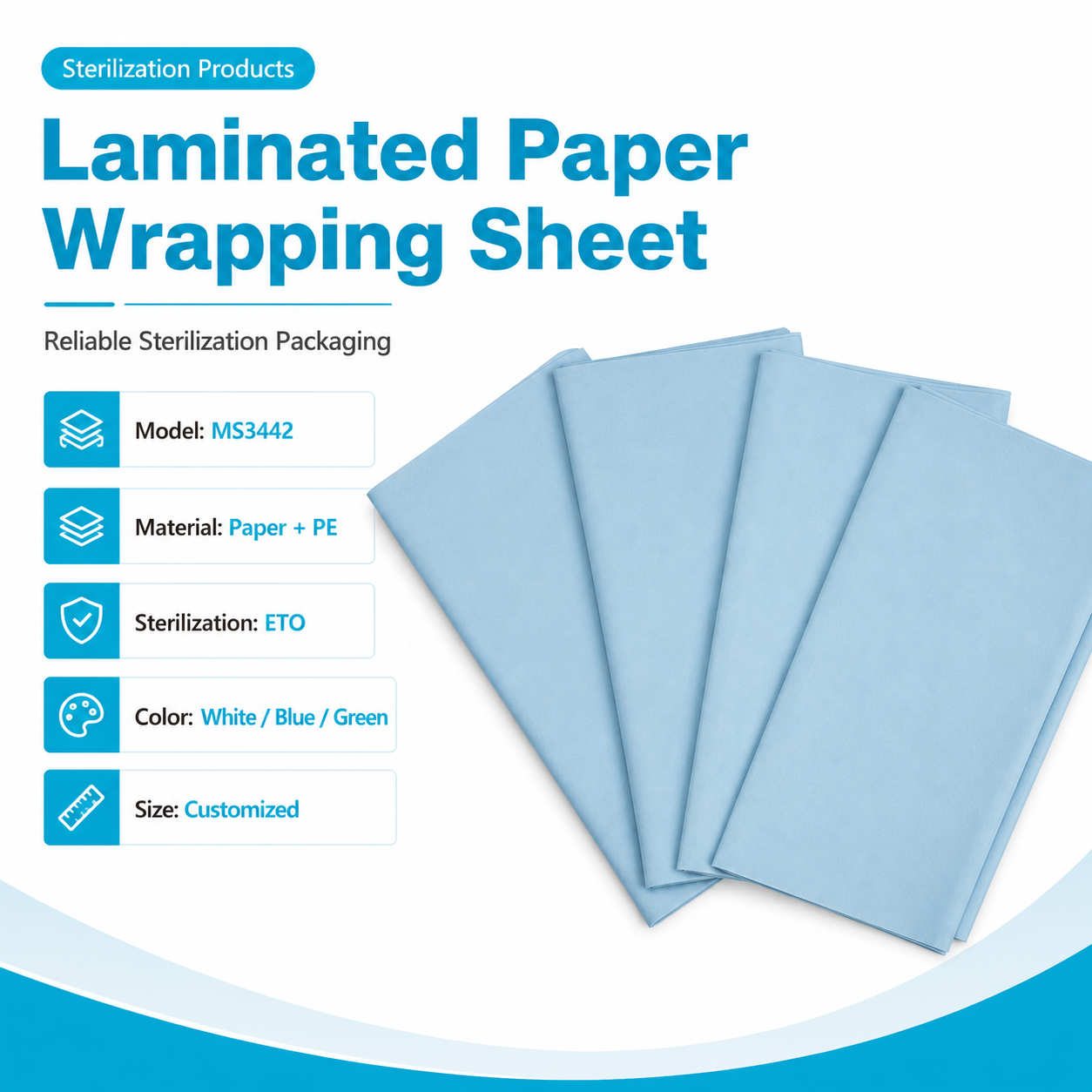Laminated paper wrapping sheet MS3442 for sterile tray wrapping in CSSD