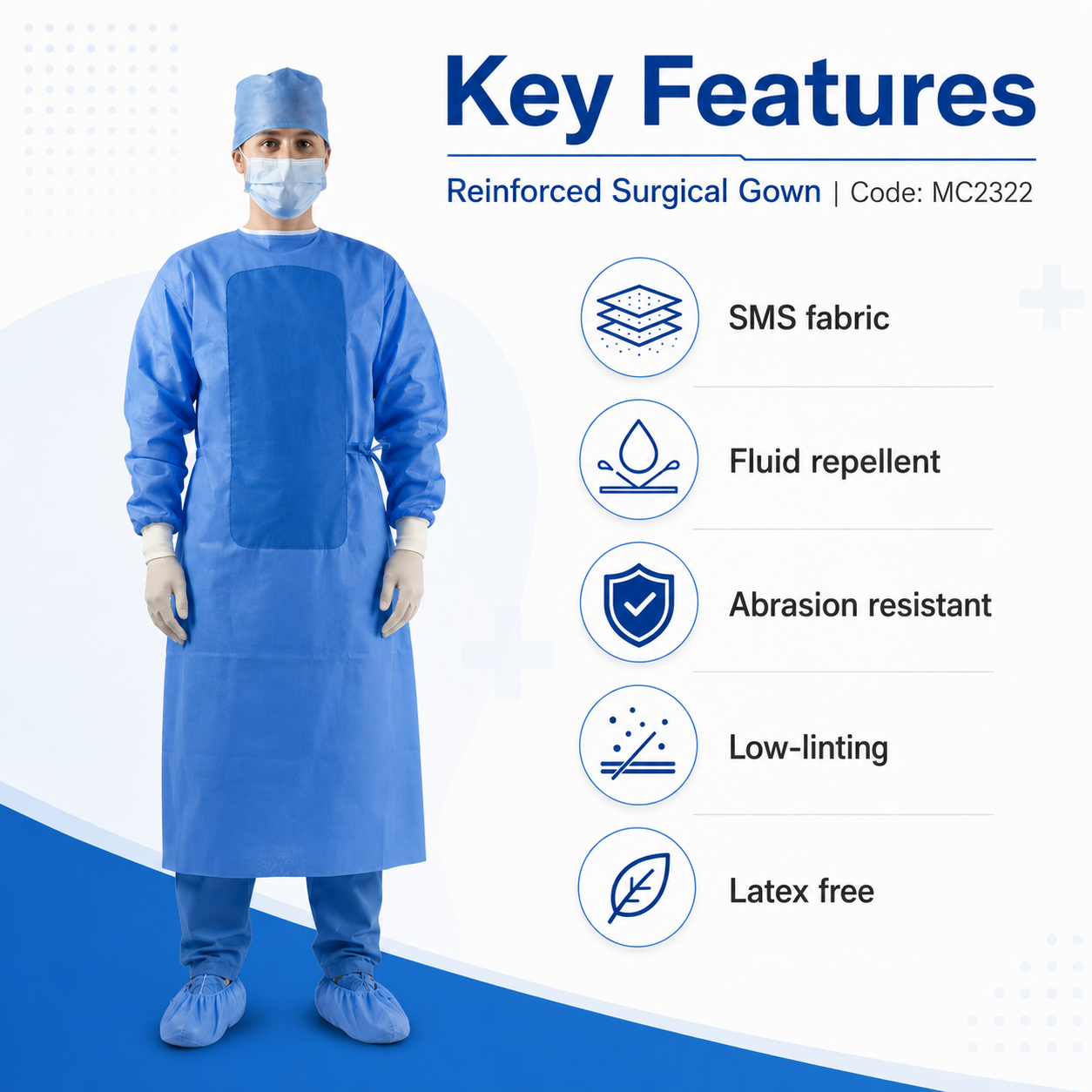 Reinforced Surgical Gown MC2322 showing cuff, tie closure and reinforced front panel